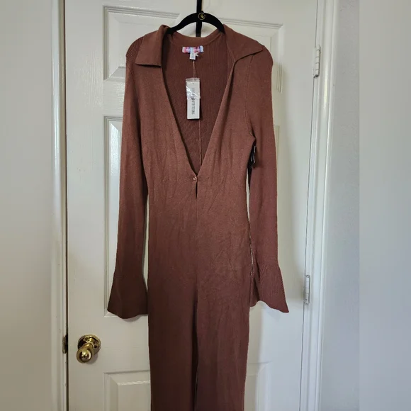 Urban Outfitters Brown Ribbed Long-Sleeve Zipper Jumpsuit - Picture 3 of 13